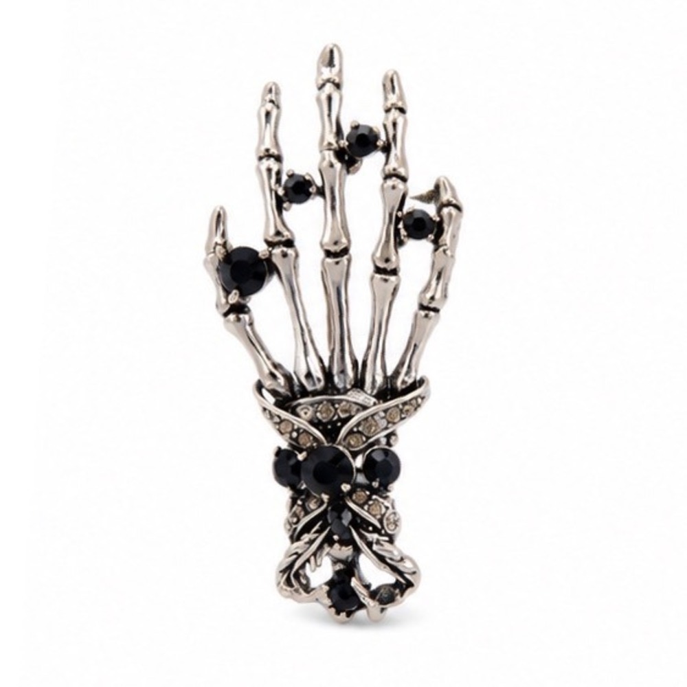 Gothic Skeleton Hand Brooch Black Crystal Silver Tone Macabre Victorian Ornate